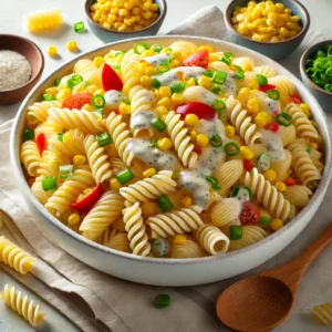 A colorful pasta salad in a large white serving bowl, containing rotini pasta mixed with bright yellow corn kernels, diced red bell peppers, green onions