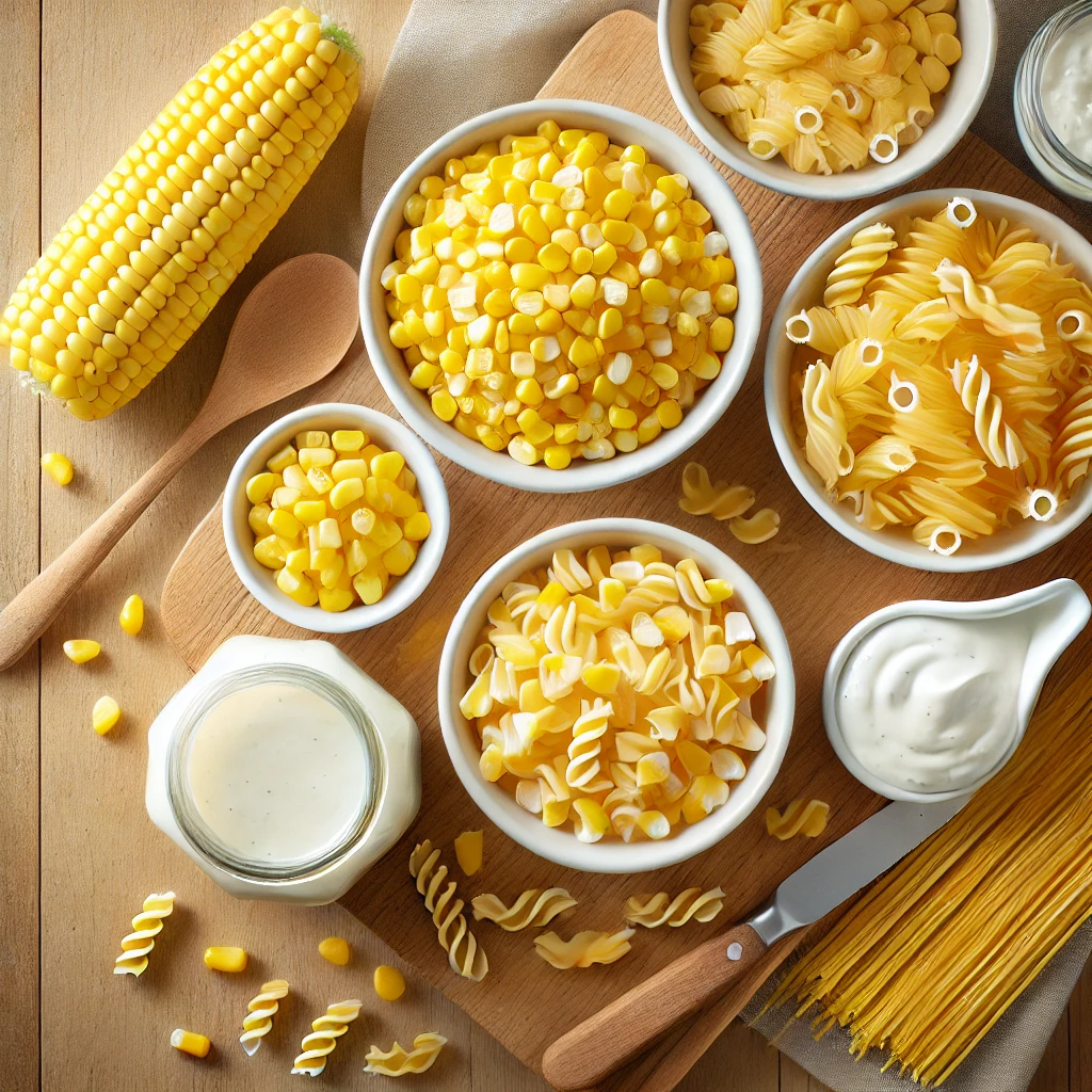 A top-down view of key ingredients for a creamy corn pasta salad, neatly arranged on a wooden kitchen counter. Ingredients include fresh or frozen sweet corns