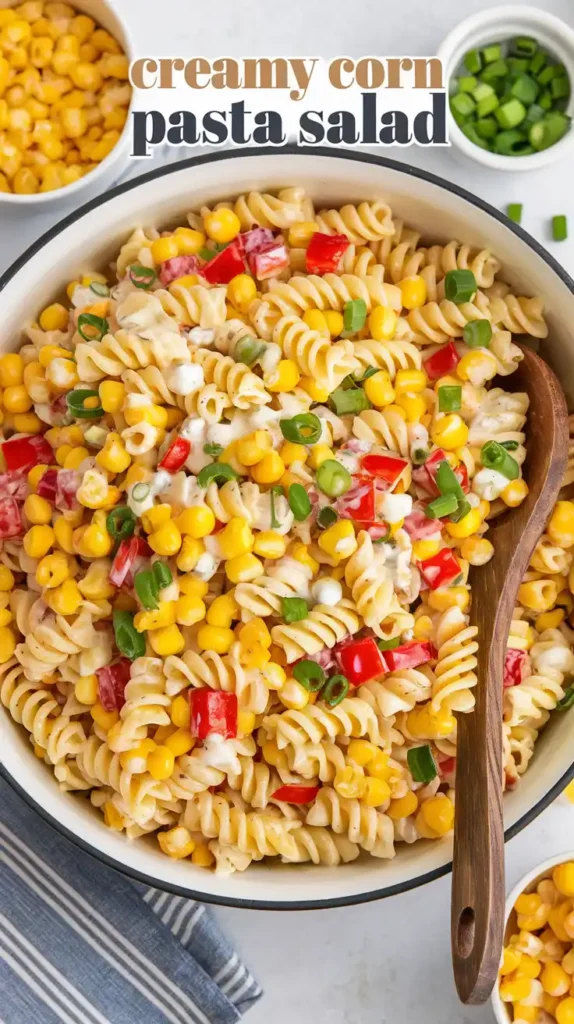 creamy corn pasta salad pin 1 Creamy Corn Pasta Salad – A Perfect Summer Potluck Stunner